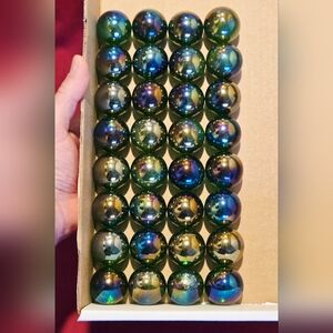 32 Large (34mm) Irridescent Green Glass Marbles
